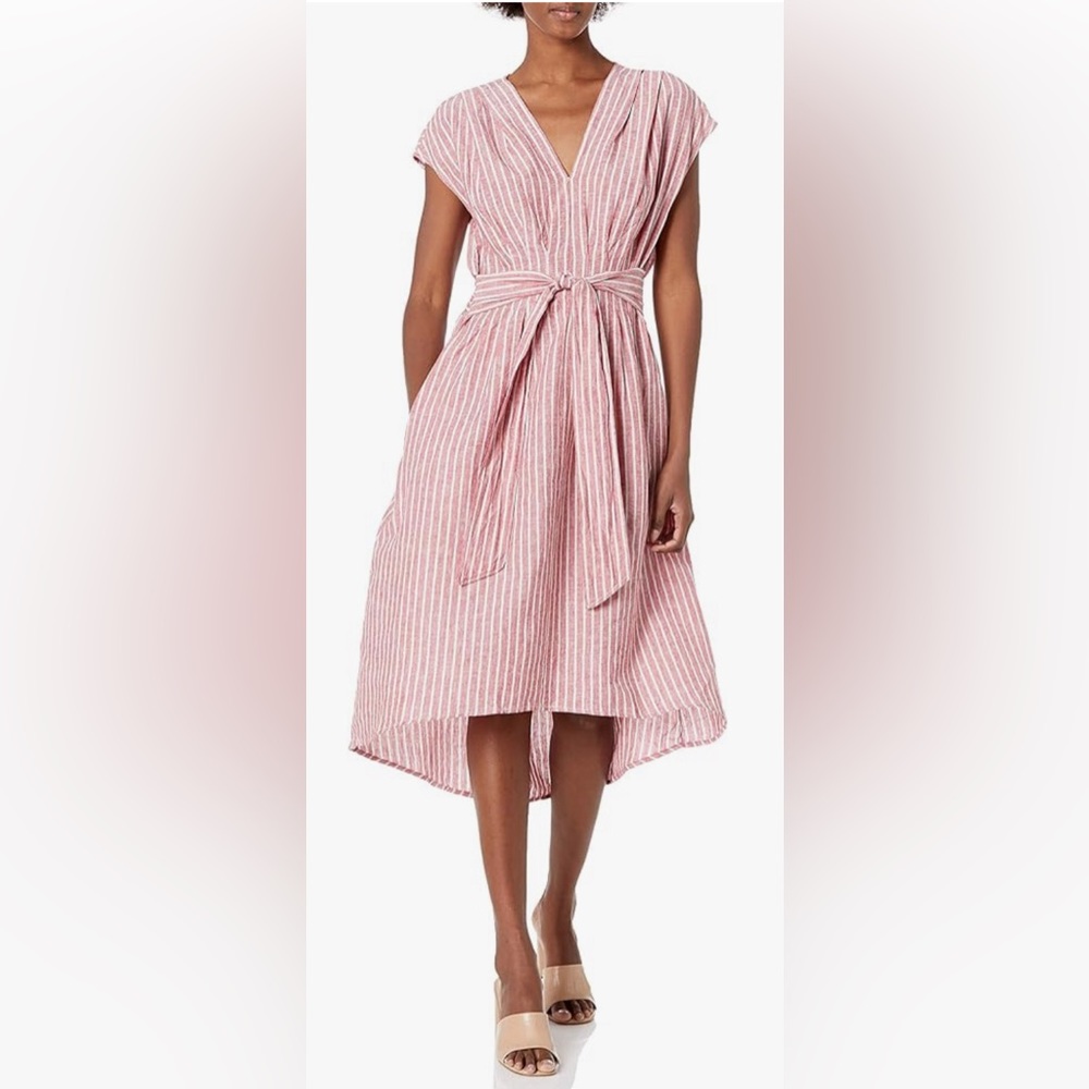Max Studio Pink & White Striped V-Neck Waist Tie Dress Size Small (4-6)N…